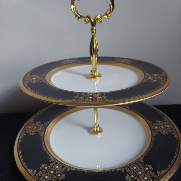 Noritake Evening Majesty 2 Tiered Serving Tray w/Gold Hardware - Picture 1 of 1